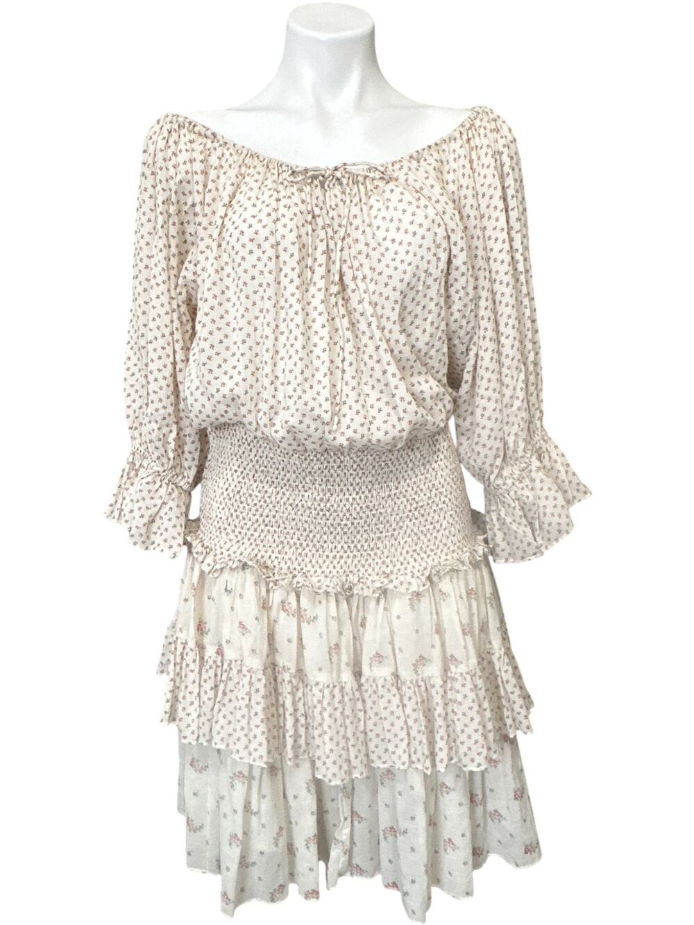 byTiMo Smocked Tiered Mini Dress Sz L Cream Ivory Floral Off Shoulder Boho NWT